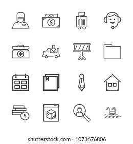 Premium outline set of icons containing shipping, male, day, house, tie, hospitality, travel, fashion, summer, online. Simple, modern flat vector illustration for mobile app, website or desktop app