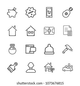Premium outline set of icons containing tool, construction, discount, mobile, shovel, white, shipping, sign, lorry, head. Simple, modern flat vector illustration for mobile app, website or desktop app