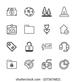 Premium outline set of icons containing string, security, luck, money, tree, pie, support, finance, button, tag, headset. Simple, modern flat vector illustration for mobile app, website or desktop app