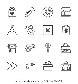 Premium outline set of icons containing equipment, machine, rewind, bag, button, architecture, air, presentation, castle. Simple, modern flat vector illustration for mobile app, website or desktop app