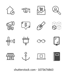 Premium outline set of icons containing supermarket, glasses, electric, optical, page, aircraft, house, college, plug. Simple, modern flat vector illustration for mobile app, website or desktop app