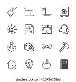 Premium outline set of icons containing notebook, axe, celebration, ocean, electric, coin, property, business, nautical. Simple, modern flat vector illustration for mobile app, website or desktop app