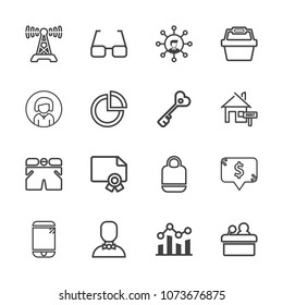 Premium outline set of icons containing music, award, style, finance, graph, radio, cell, leather, technology, public. Simple, modern flat vector illustration for mobile app, website or desktop app