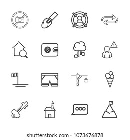 Premium outline set of icons containing shovel, forbidden, chat, concept, home, old, hammer, dessert, nature, shorts. Simple, modern flat vector illustration for mobile app, website or desktop app