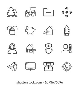 Premium outline set of icons containing forest, jetliner, nature, phone, communication, hospital, internet, business, pc. Simple, modern flat vector illustration for mobile app, website or desktop app