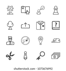 Premium outline set of icons containing profile, cap, leaf, horse, summer, key, chessboard, tool, location, no, currency. Simple, modern flat vector illustration for mobile app, website or desktop app