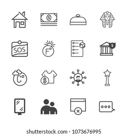 Premium outline set of icons containing house, fahrenheit, luggage, white, road, cost, medal, egyptian, thermometer, man. Simple, modern flat vector illustration for mobile app, website or desktop app