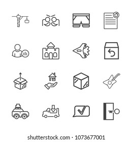 Premium outline set of icons containing product, house, shorts, real, musical, document, carnival, party, shipping, new. Simple, modern flat vector illustration for mobile app, website or desktop app
