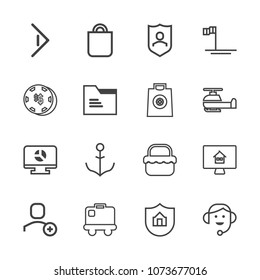 Premium outline set of icons containing shield, template, picnic, baja, people, web, travel, rudder, summer, office, bag. Simple, modern flat vector illustration for mobile app, website or desktop app