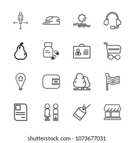 Premium outline set of icons containing shop, sale, fashion, paper, map, cap, identity, cash, travel, people, national. Simple, modern flat vector illustration for mobile app, website or desktop app