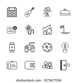Premium outline set of icons containing technology, id, luck, escape, door, time, sound, exit, staff, name, watch, idea. Simple, modern flat vector illustration for mobile app, website or desktop app