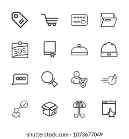 Premium outline set of icons containing night, late, click, file, sign, man, trolley, card, new, shop, box, retail, web. Simple, modern flat vector illustration for mobile app, website or desktop app