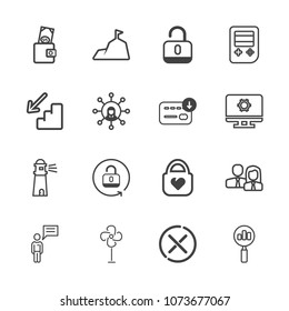 Premium outline set of icons containing find, money, sky, lock, people, mountain, lighthouse, water, no, chat, sea, open. Simple, modern flat vector illustration for mobile app, website or desktop app