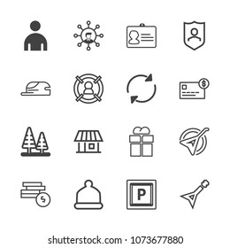Premium outline set of icons containing id, house, display, transport, car, package, cash, instrument, musical, business. Simple, modern flat vector illustration for mobile app, website or desktop app