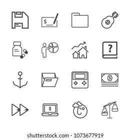 Premium outline set of icons containing paper, button, audio, blank, thermometer, web, guitar, weight, temperature, bank. Simple, modern flat vector illustration for mobile app, website or desktop app