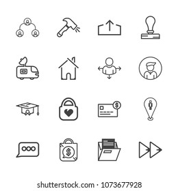 Premium outline set of icons containing sale, construction, rewind, graduation, message, chat, equipment, file, office. Simple, modern flat vector illustration for mobile app, website or desktop app