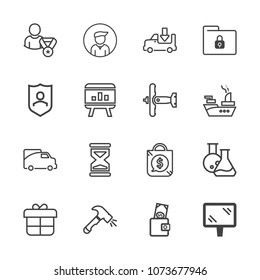 Premium outline set of icons containing folder, shovel, traffic, lorry, money, dollar, hour, wallet, street, shipping. Simple, modern flat vector illustration for mobile app, website or desktop app