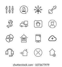 Premium outline set of icons containing old, headset, technology, call, security, door, internet, store, support, white. Simple, modern flat vector illustration for mobile app, website or desktop app