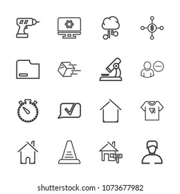 Premium outline set of icons containing document, timer, chat, architecture, network, dollar, internet, drill, computer. Simple, modern flat vector illustration for mobile app, website or desktop app
