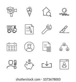 Premium outline set of icons containing home, time, internet, equipment, coin, sun, web, download, food, profile, handle. Simple, modern flat vector illustration for mobile app, website or desktop app