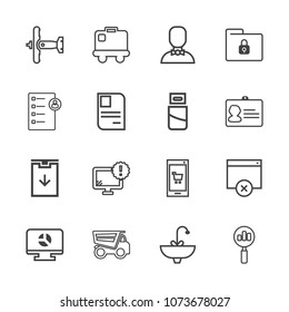 Premium outline set of icons containing find, download, tipper, sink, safety, search, baggage, profile, technology, sign. Simple, modern flat vector illustration for mobile app, website or desktop app