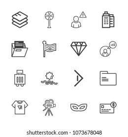 Premium outline set of icons containing file, retro, right, fan, party, money, internet, movie, button, travel, print. Simple, modern flat vector illustration for mobile app, website or desktop app