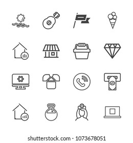 Premium outline set of icons containing morning, equipment, tshirt, laboratory, real, medical, call, nature, healthcare. Simple, modern flat vector illustration for mobile app, website or desktop app