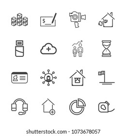 Premium outline set of icons containing apartment, communication, home, name, graph, pen, check, call, presentation, pie. Simple, modern flat vector illustration for mobile app, website or desktop app