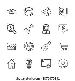 Premium outline set of icons containing education, product, gambling, luck, open, house, graduation, bulb, game, curtain. Simple, modern flat vector illustration for mobile app, website or desktop app