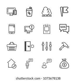 Premium outline set of icons containing store, forest, mobile, nature, sale, environment, basket, escape, payment, glass. Simple, modern flat vector illustration for mobile app, website or desktop app