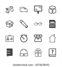 Premium outline set of icons containing graphic, timer, banner, paper, telephone, traffic, old, gift, fast, van, giftbox. Simple, modern flat vector illustration for mobile app, website or desktop app