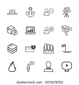 Premium outline set of icons containing sea, pear, medicine, person, organic, internet, business, tripod, communication. Simple, modern flat vector illustration for mobile app, website or desktop app