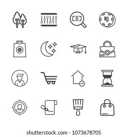 Premium outline set of icons containing trolley, search, paint, forest, sale, fashion, retail, environment, sign, buy. Simple, modern flat vector illustration for mobile app, website or desktop app