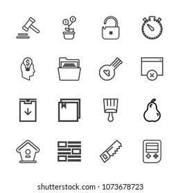 Premium outline set of icons containing justice, time, paintbrush, watch, arrow, protection, construction, timer, file. Simple, modern flat vector illustration for mobile app, website or desktop app