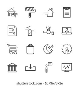 Premium outline set of icons containing roller, shipping, sky, person, europe, buy, sign, chat, paint, package, tourism. Simple, modern flat vector illustration for mobile app, website or desktop app