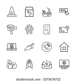 Premium outline set of icons containing return, bowling, military, order, communication, ball, video, shipping, nurse. Simple, modern flat vector illustration for mobile app, website or desktop app