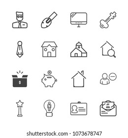 Premium outline set of icons containing idea, building, container, coin, package, investment, business, computer, mail. Simple, modern flat vector illustration for mobile app, website or desktop app