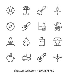 Premium outline set of icons containing compass, building, umbrella, musical, customer, drop, target, money, lorry, road. Simple, modern flat vector illustration for mobile app, website or desktop app