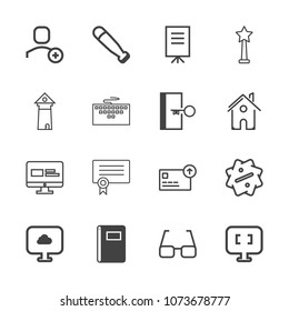 Premium outline set of icons containing europe, presentation, page, famous, cash, eye, success, web, template, currency. Simple, modern flat vector illustration for mobile app, website or desktop app