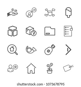 Premium outline set of icons containing coin, house, home, growth, freelancer, ice, real, musical, right, guitar, square. Simple, modern flat vector illustration for mobile app, website or desktop app