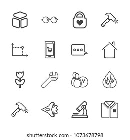 Premium outline set of icons containing equipment, object, laboratory, tshirt, shovel, plane, aircraft, cube, optical. Simple, modern flat vector illustration for mobile app, website or desktop app