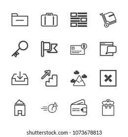 Premium outline set of icons containing up, key, door, man, baggage, upstairs, internet, mountain, sign, office, folder. Simple, modern flat vector illustration for mobile app, website or desktop app