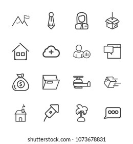 Premium outline set of icons containing shipping, nature, employee, business, folder, festival, home, palm, delivery. Simple, modern flat vector illustration for mobile app, website or desktop app