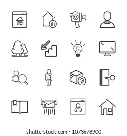 Premium outline set of icons containing film, box, property, click, building, equipment, video, envelope, downstairs, up. Simple, modern flat vector illustration for mobile app, website or desktop app