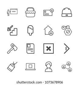 Premium outline set of icons containing money, female, hammer, profile, sale, head, picnic, bag, label, tool, sack, card. Simple, modern flat vector illustration for mobile app, website or desktop app
