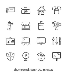 Premium outline set of icons containing web, pc, aid, banner, protect, architecture, home, car, urban, woman, airport. Simple, modern flat vector illustration for mobile app, website or desktop app