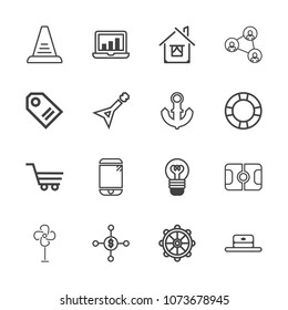 Premium outline set of icons containing home, finance, dollar, screen, laptop, cell, investment, nautical, ladder, cap. Simple, modern flat vector illustration for mobile app, website or desktop app
