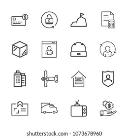 Premium outline set of icons containing traffic, lock, money, plane, protection, cart, supermarket, television, real, tv. Simple, modern flat vector illustration for mobile app, website or desktop app