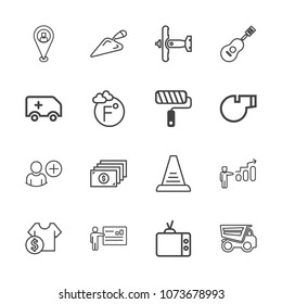Premium outline set of icons containing tv, success, development, step, up, equipment, vehicle, sign, location, meeting. Simple, modern flat vector illustration for mobile app, website or desktop app