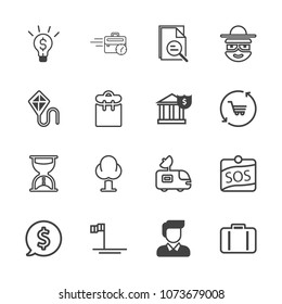 Premium outline set of icons containing blue, sign, antenna, frame, character, satellite, airport, beach, van, landscape. Simple, modern flat vector illustration for mobile app, website or desktop app